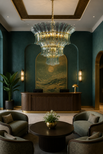 Ravello Three-Tier Curved Textured Glass Chandelier in Brass