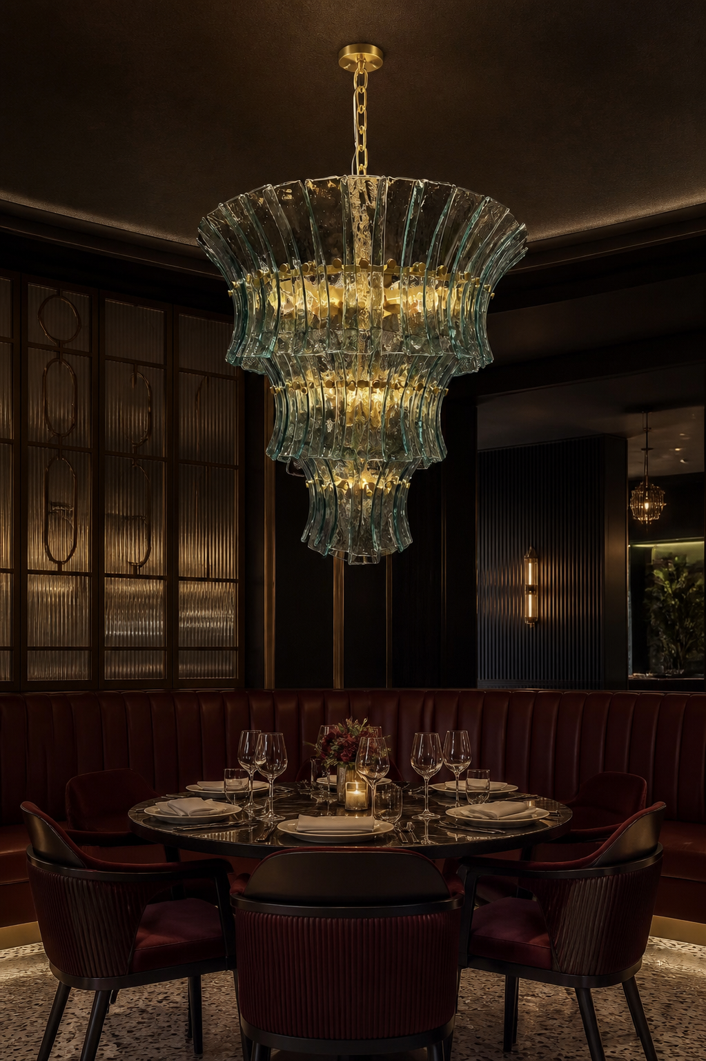 Ravello Three-Tier Curved Textured Glass Chandelier in Brass
