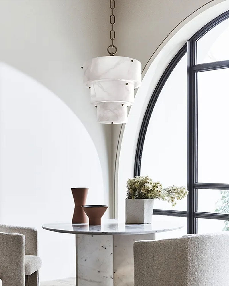 3 Tier White Round Alabaster Chain Pendant Light Fitting in Brass 10in