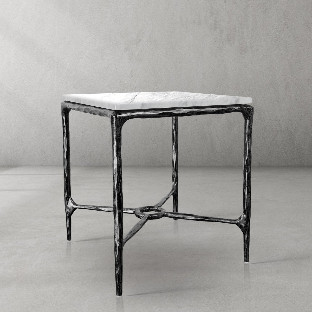 Thaddeus Forged Iron Mabrble Square Side Table 18" 22" Overhang O - Lamp Modern