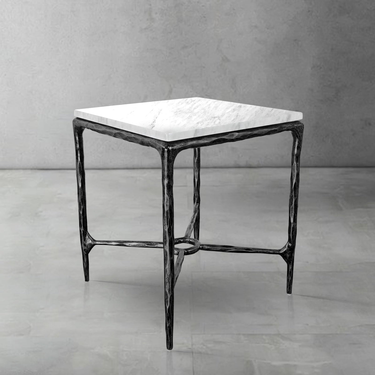 Thaddeus Forged Iron Mabrble Square Side Table 18" 22" Overhang O - Lamp Modern