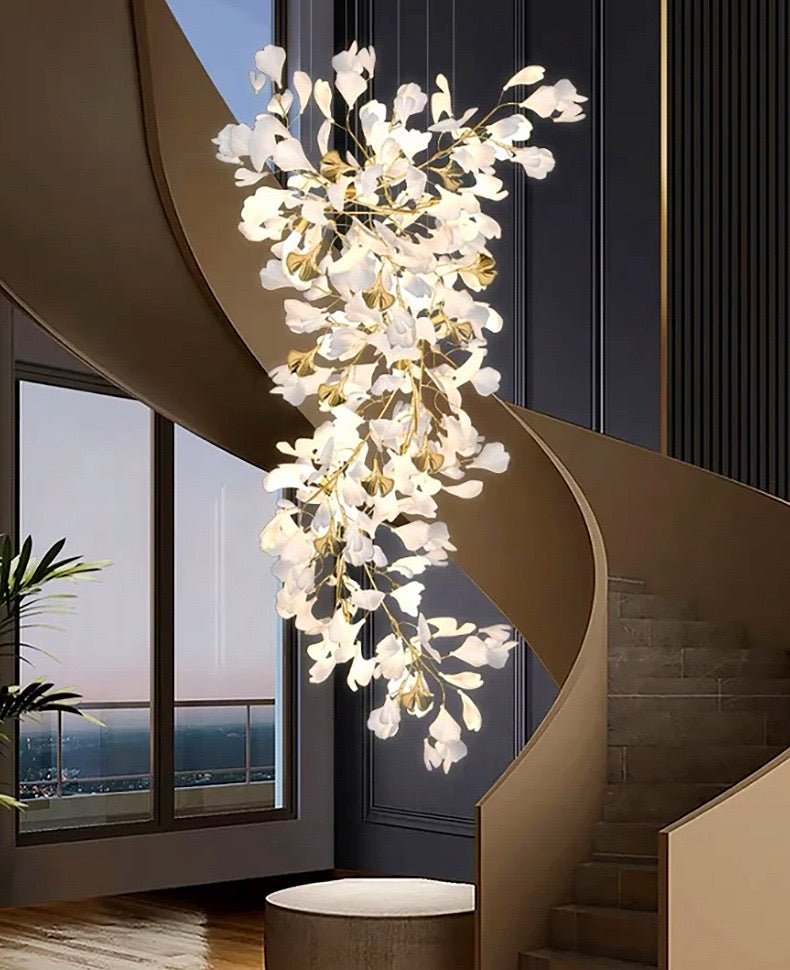24 Light Gold Chandelier, Luxury Ginkgo Branch Chandelier for Staircase - lampmodern