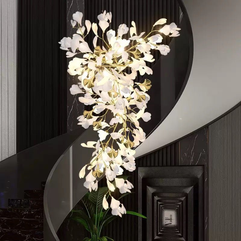 24 Light Gold Chandelier, Luxury Ginkgo Branch Chandelier for Staircase - lampmodern