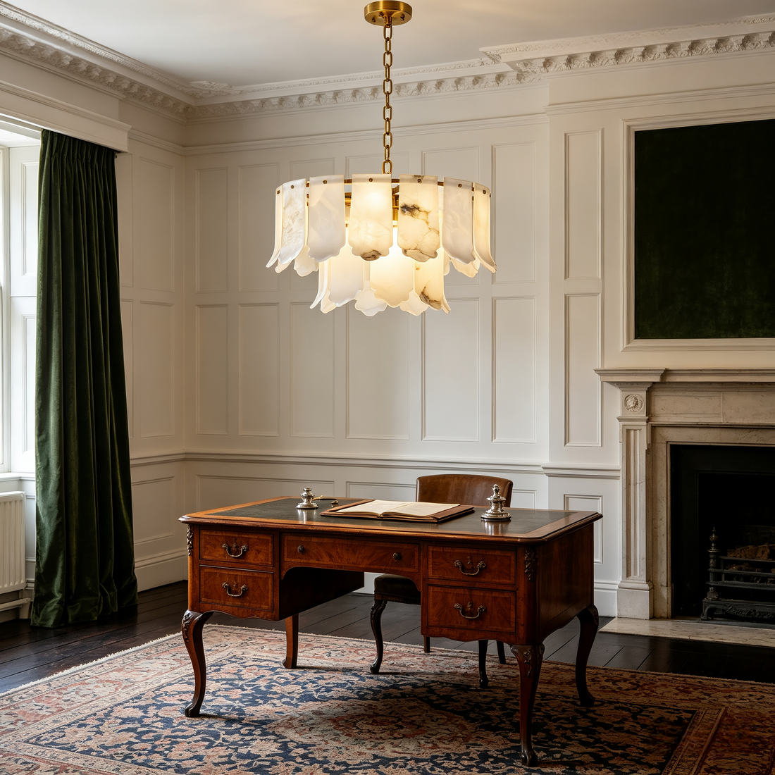 Camellia Two-Tier Brass and Alabaster Drum Chandelier