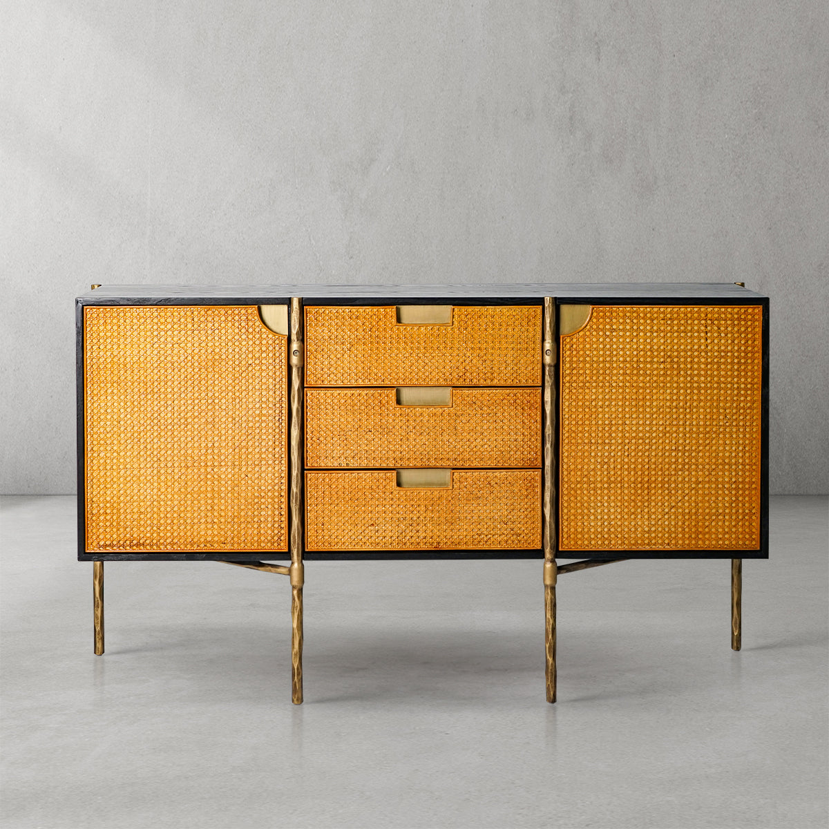 Vintage Forged Metal Frame Rattan Side Cabinet - Lamp Modern