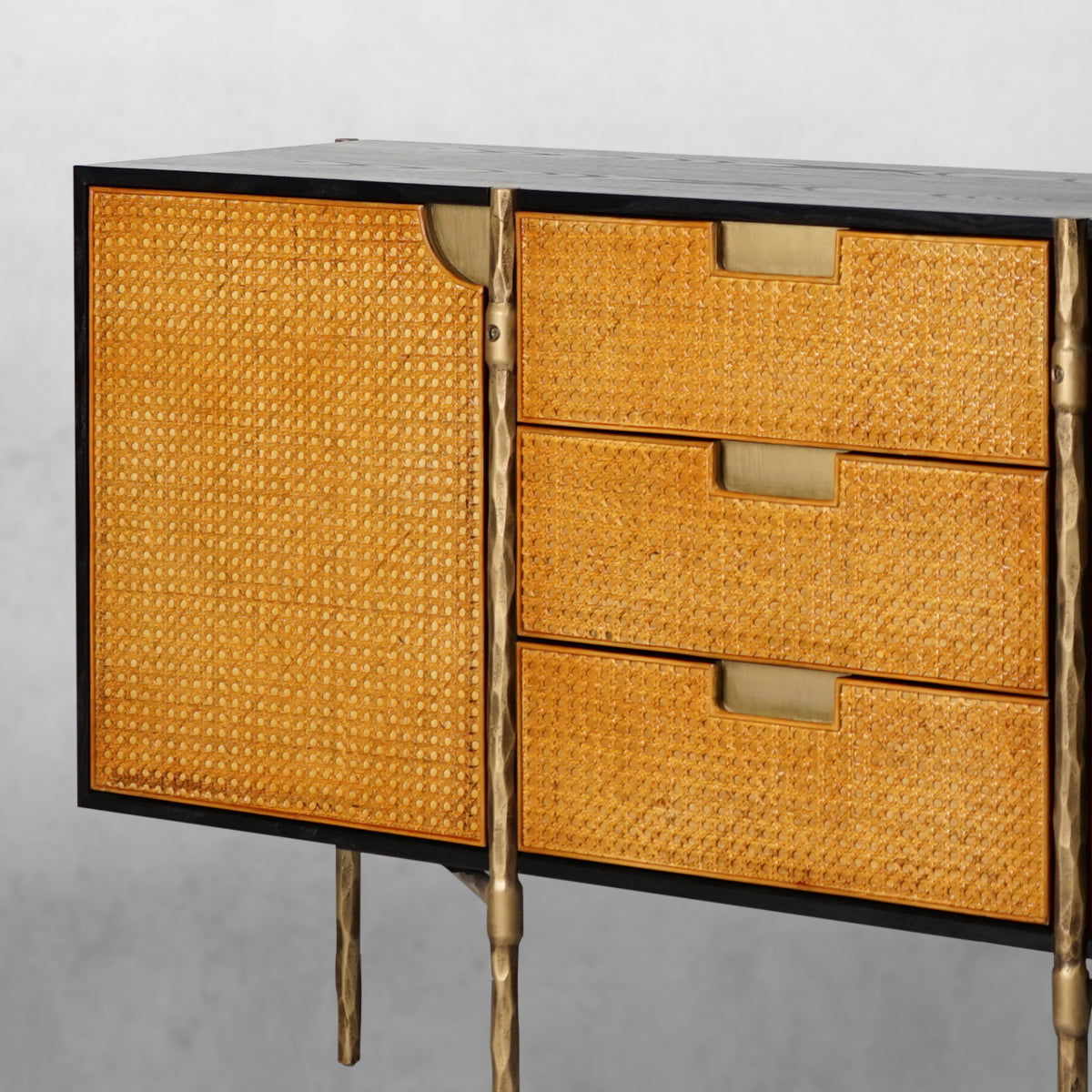 Vintage Forged Metal Frame Rattan Side Cabinet - Lamp Modern
