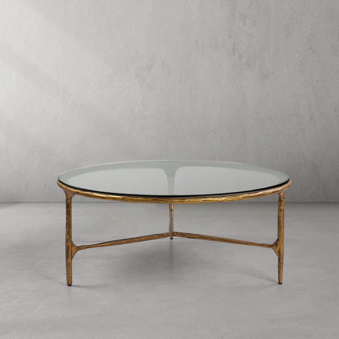 Thaddeus Forged Iron Glass Round Coffee Table 3 Table Legs 35" - Lamp Modern