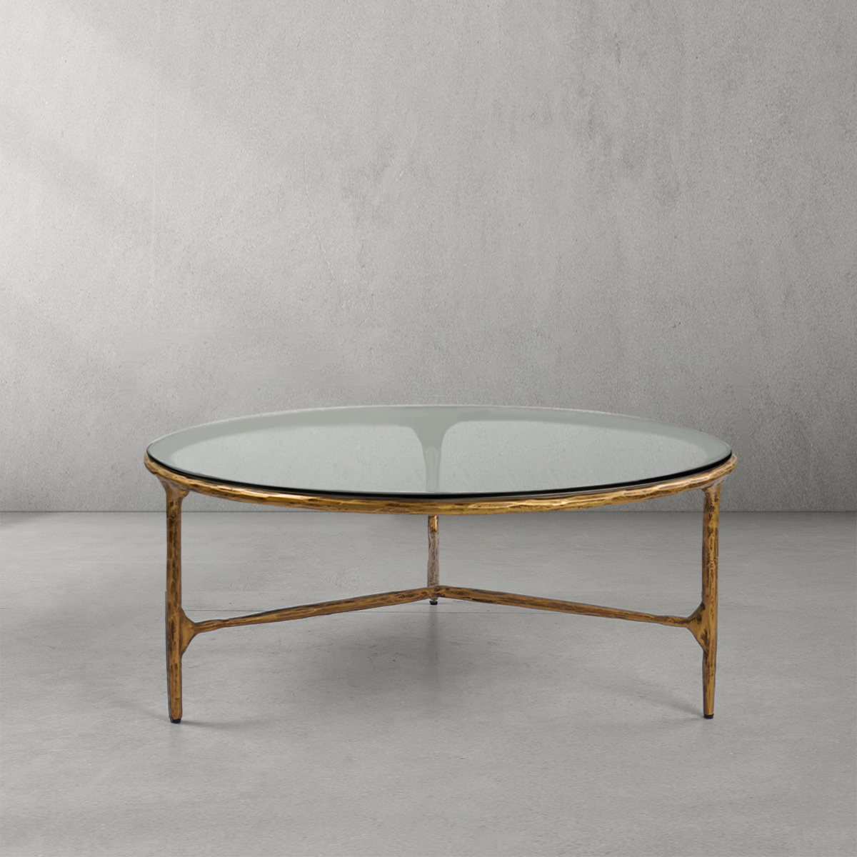Thaddeus Forged Iron Glass Round Coffee Table 3 Table Legs 35" - Lamp Modern