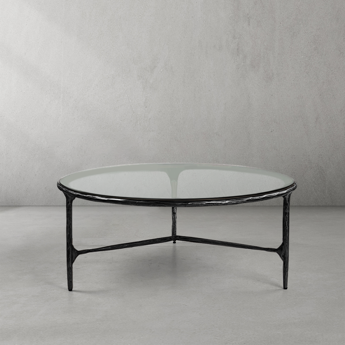 Thaddeus Forged Iron Glass Round Coffee Table 3 Table Legs 35" - Lamp Modern