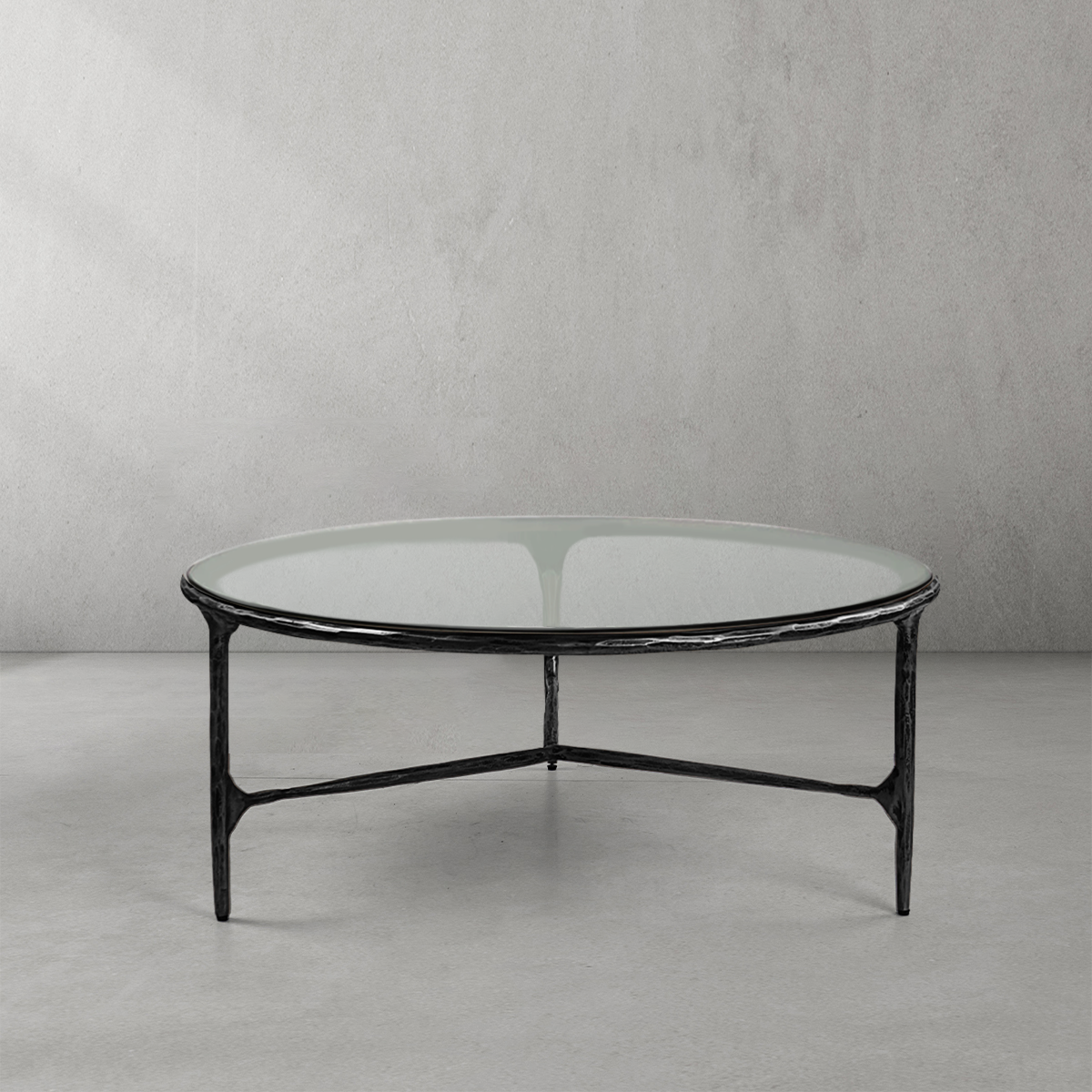 Thaddeus Forged Iron Glass Round Coffee Table 3 Table Legs 35" - Lamp Modern