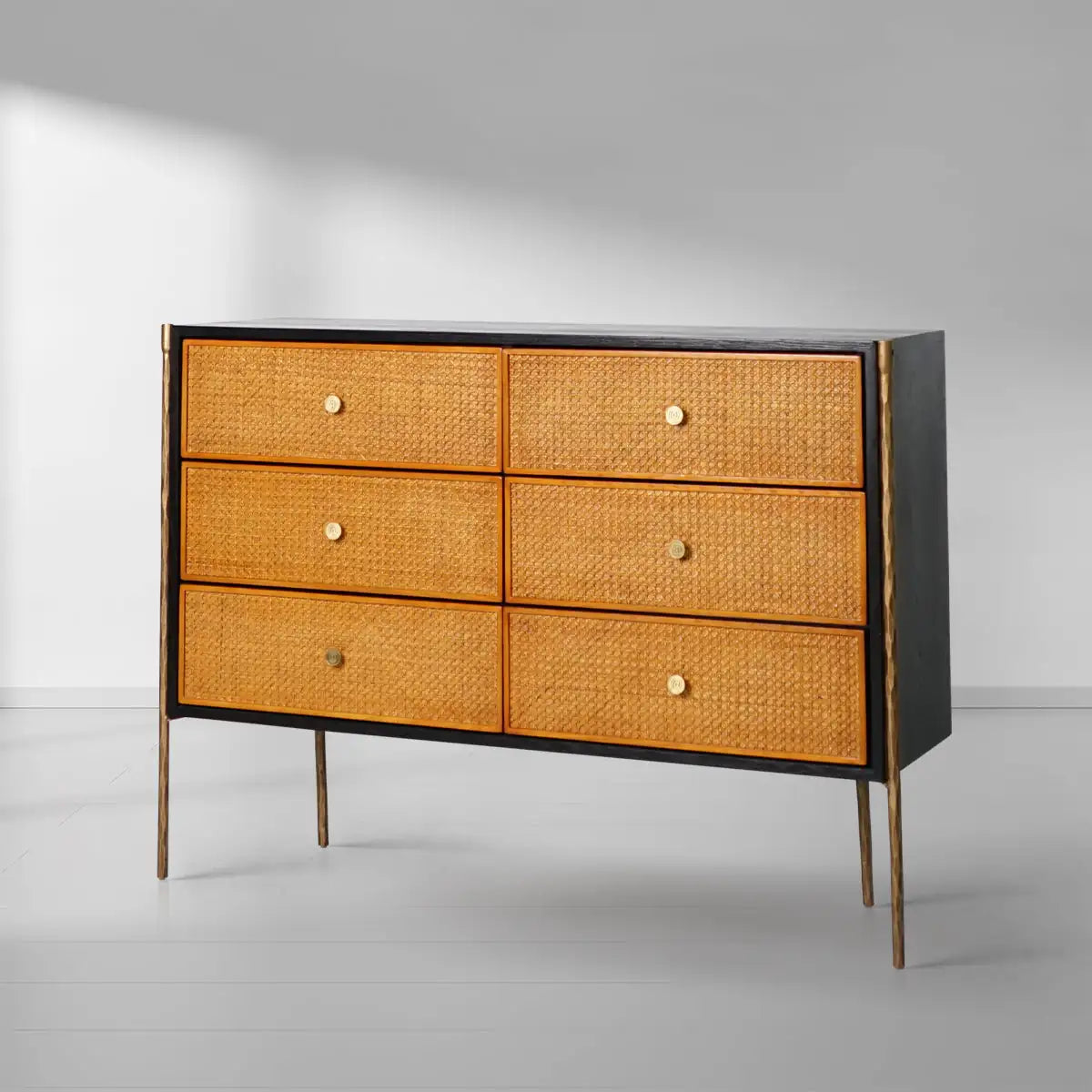 Hand-Forged Metal Frame Rattan 6-Drawer Side Cabinet - Lamp Modern
