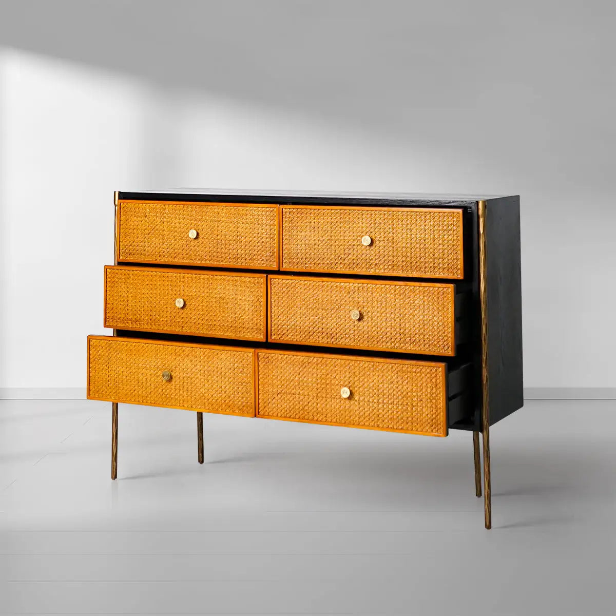 Hand-Forged Metal Frame Rattan 6-Drawer Side Cabinet - Lamp Modern