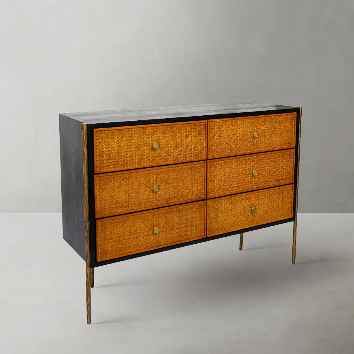 Hand-Forged Metal Frame Rattan 6-Drawer Side Cabinet - Lamp Modern