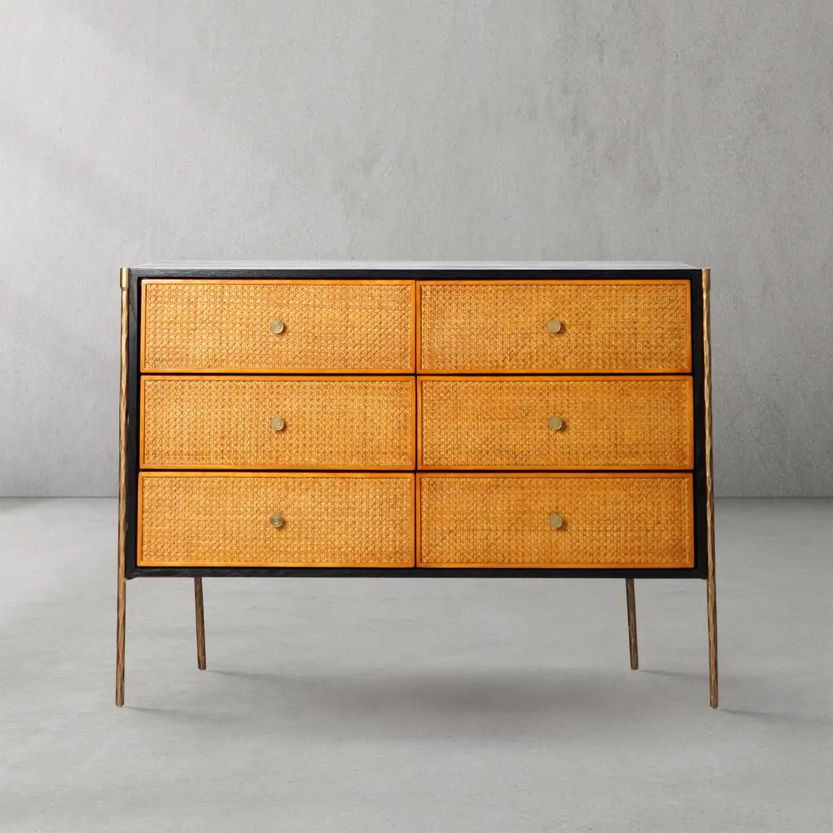 Hand-Forged Metal Frame Rattan 6-Drawer Side Cabinet - Lamp Modern