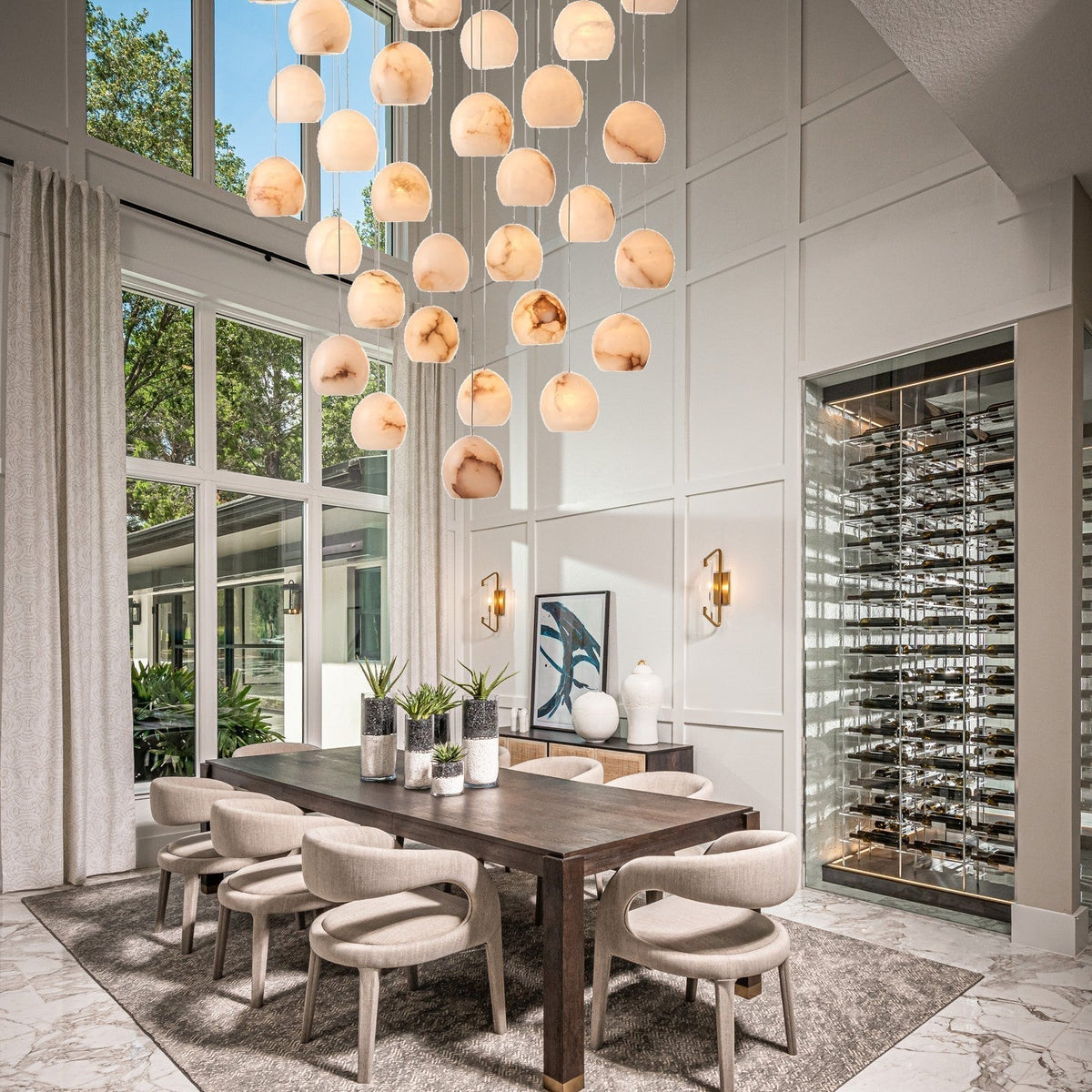 Arica Round Gold Chandelier with Natural Alabaster Stone Shades, Chandelier for High Ceiling - lampmodern