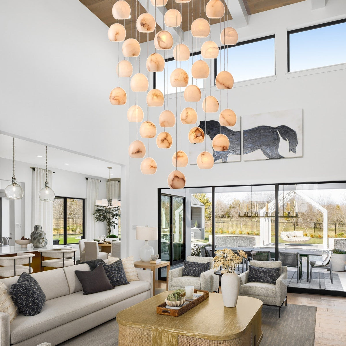 Arica Round Gold Chandelier with Natural Alabaster Stone Shades, Chandelier for High Ceiling - lampmodern