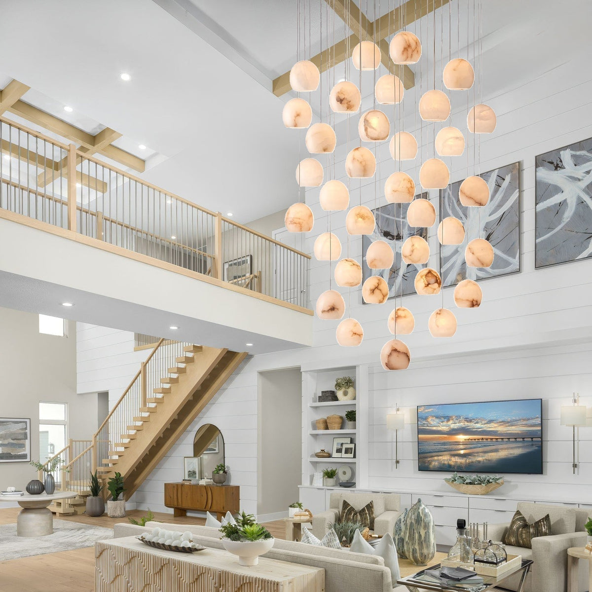 Arica Round Gold Chandelier with Natural Alabaster Stone Shades, Chandelier for High Ceiling - lampmodern