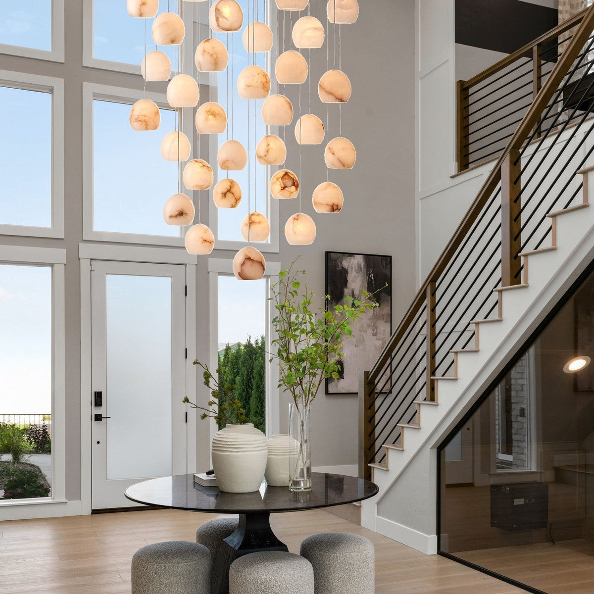 Arica Round Gold Chandelier with Natural Alabaster Stone Shades, Chandelier for High Ceiling - lampmodern