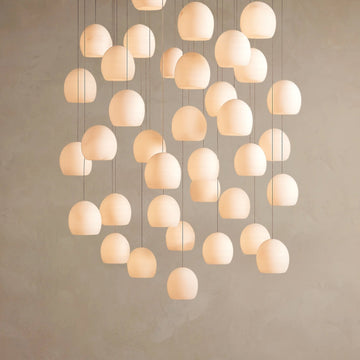 Arica Round Gold Chandelier with Natural Alabaster Stone Shades, Chandelier for High Ceiling - lampmodern