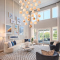 Arica Round Gold Chandelier with Natural Alabaster Stone Shades, Chandelier for High Ceiling - lampmodern