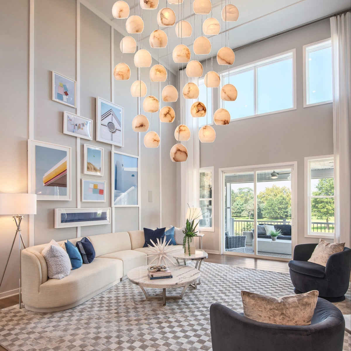 Arica Round Gold Chandelier with Natural Alabaster Stone Shades, Chandelier for High Ceiling - lampmodern