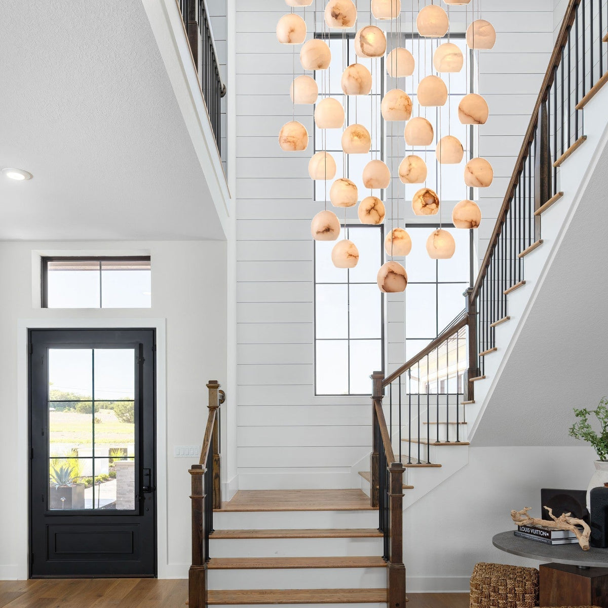 Arica Round Gold Chandelier with Natural Alabaster Stone Shades, Chandelier for High Ceiling - lampmodern