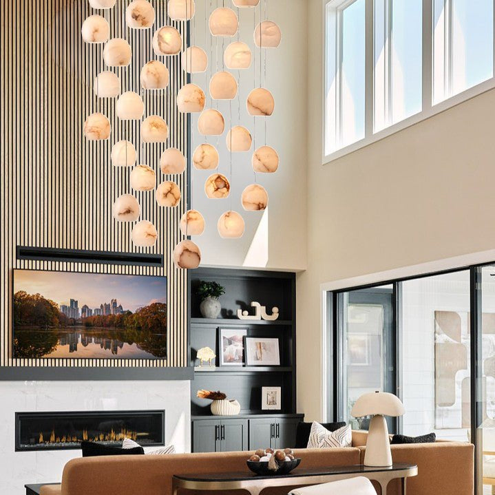 Arica Round Gold Chandelier with Natural Alabaster Stone Shades, Chandelier for High Ceiling - lampmodern