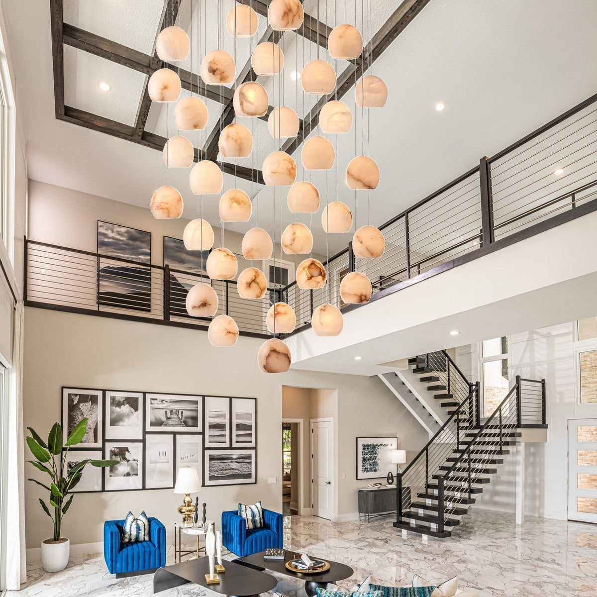 Arica Round Gold Chandelier with Natural Alabaster Stone Shades, Chandelier for High Ceiling - lampmodern