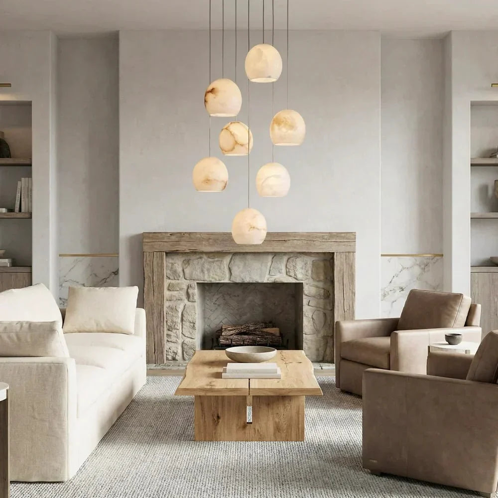 Arica Round Gold Chandelier with Natural Alabaster Stone Shades - lampmodern