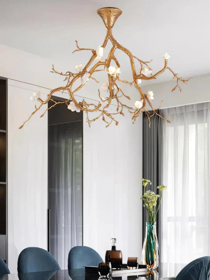 Aurelia Golden Branch & Porcelain Bloom Chandelier - lampmodern