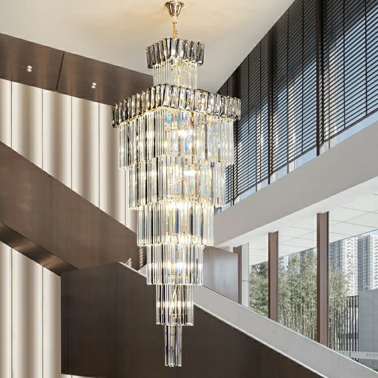 Decorative Large Vertical Crystal Staircase Chandelier Foyer Ceiling Light Fixture Lamp In Gray/ Amber Brim - lampmodern