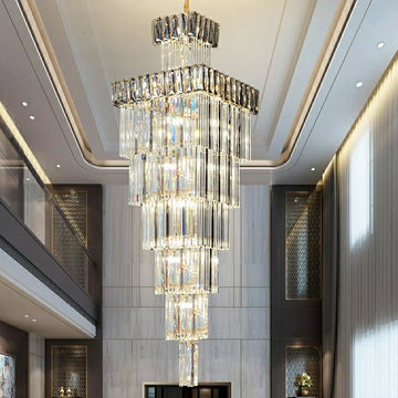 Decorative Large Vertical Crystal Staircase Chandelier Foyer Ceiling Light Fixture Lamp In Gray/ Amber Brim - lampmodern