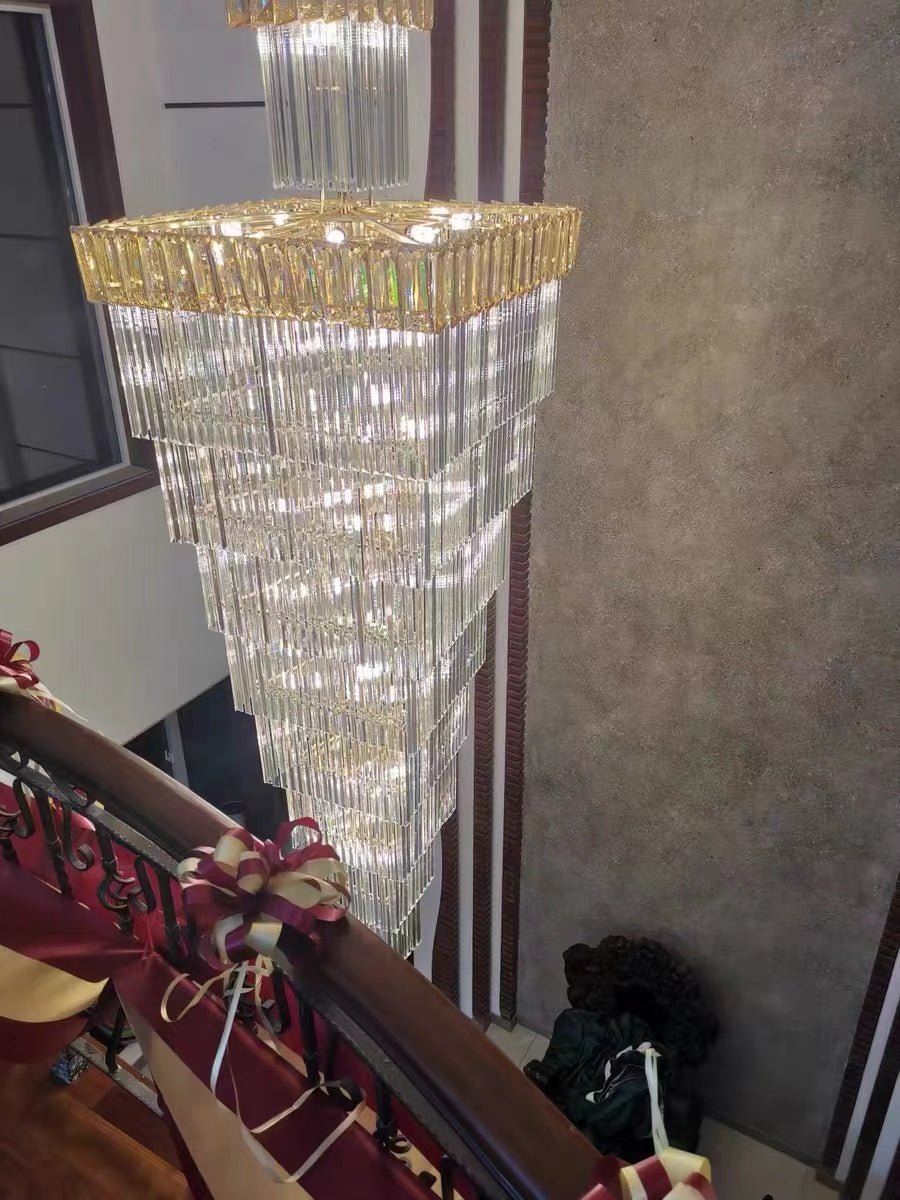 Decorative Large Vertical Crystal Staircase Chandelier Foyer Ceiling Light Fixture Lamp In Gray/ Amber Brim - lampmodern