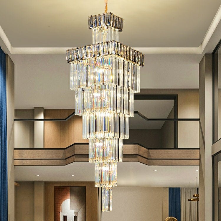 Decorative Large Vertical Crystal Staircase Chandelier Foyer Ceiling Light Fixture Lamp In Gray/ Amber Brim - lampmodern