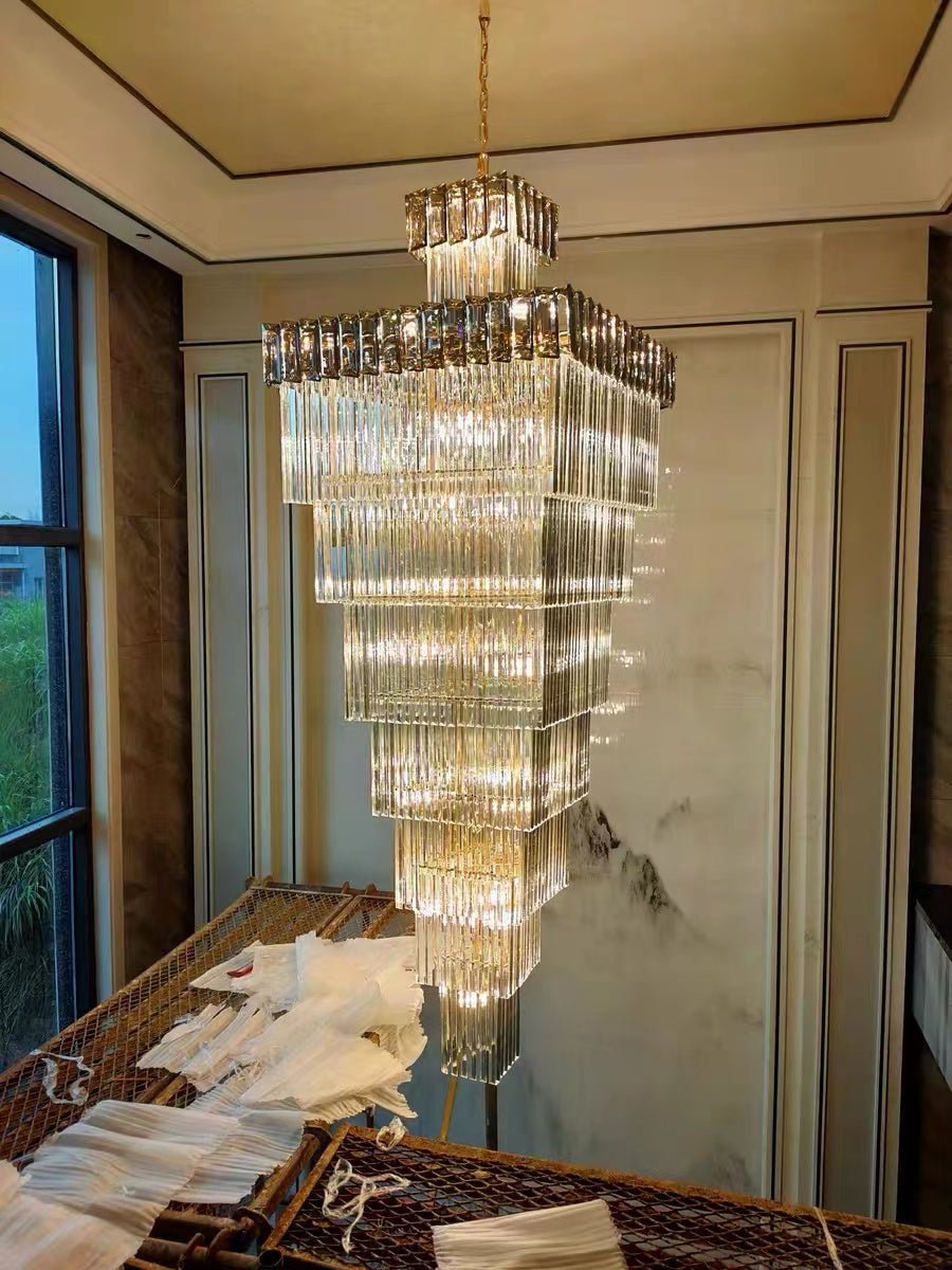 Decorative Large Vertical Crystal Staircase Chandelier Foyer Ceiling Light Fixture Lamp In Gray/ Amber Brim - lampmodern