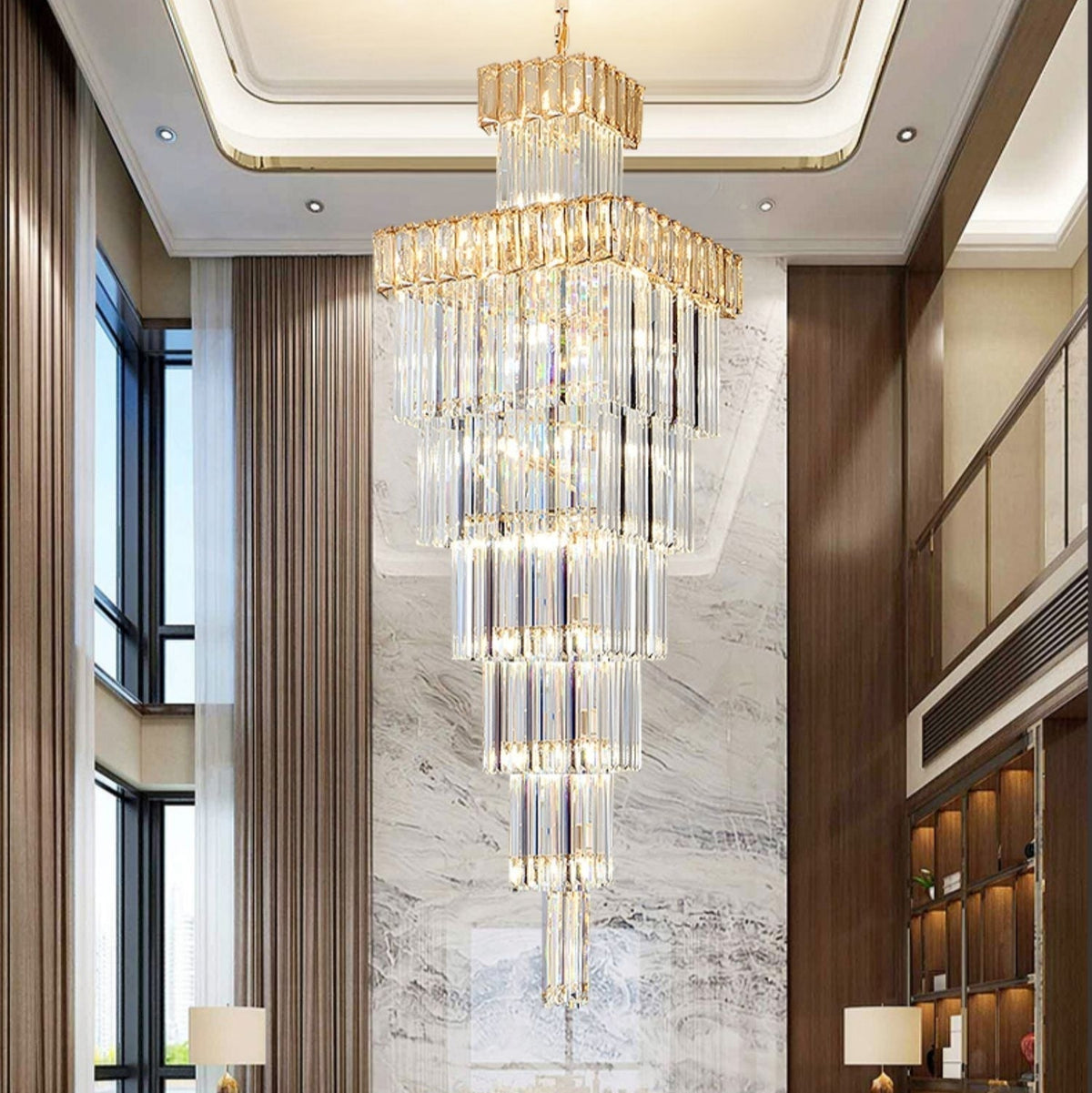 Decorative Large Vertical Crystal Staircase Chandelier Foyer Ceiling Light Fixture Lamp In Gray/ Amber Brim - lampmodern