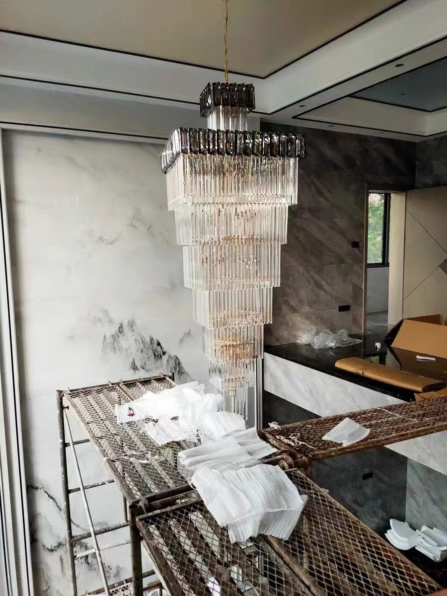 Decorative Large Vertical Crystal Staircase Chandelier Foyer Ceiling Light Fixture Lamp In Gray/ Amber Brim - lampmodern