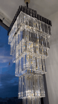 Decorative Large Vertical Crystal Staircase Chandelier Foyer Ceiling Light Fixture Lamp In Gray/ Amber Brim - lampmodern