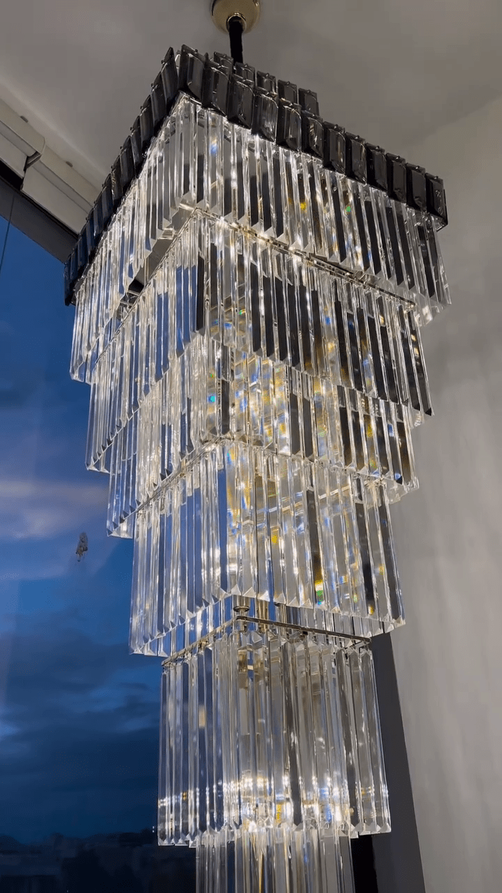 Decorative Large Vertical Crystal Staircase Chandelier Foyer Ceiling Light Fixture Lamp In Gray/ Amber Brim - lampmodern