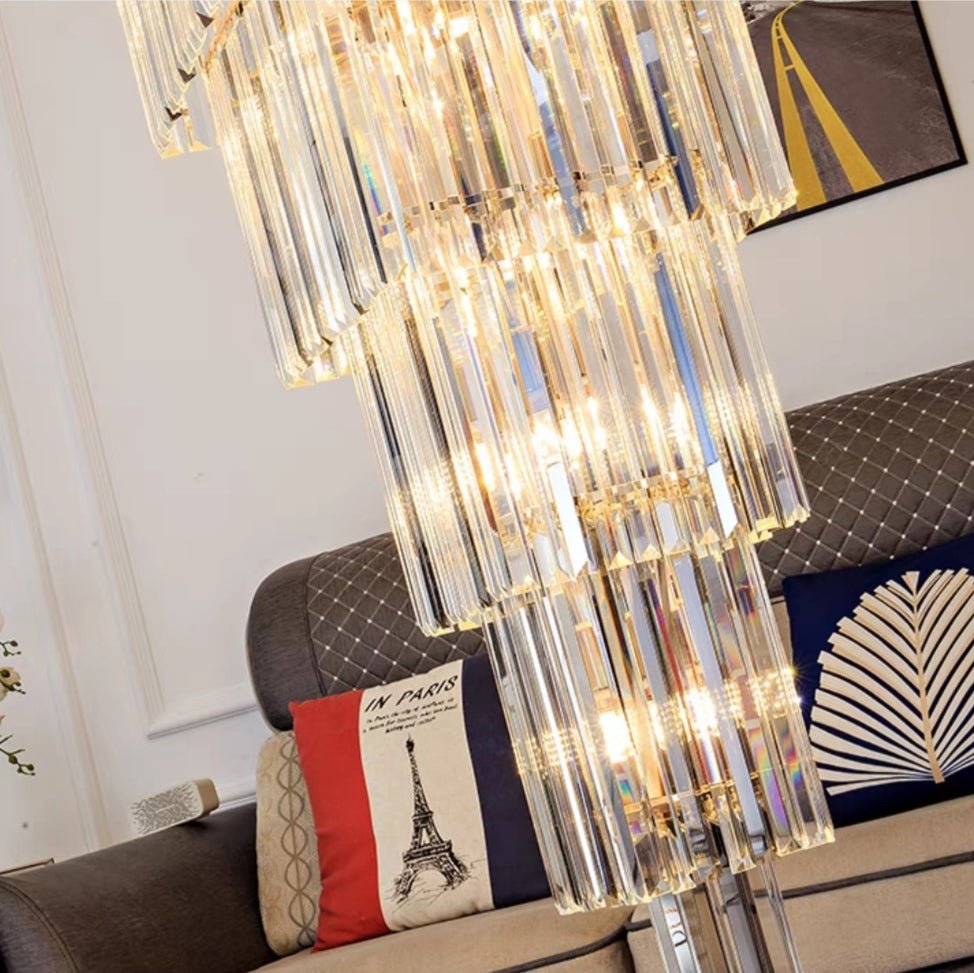 Decorative Large Vertical Crystal Staircase Chandelier Foyer Ceiling Light Fixture Lamp In Gray/ Amber Brim - lampmodern