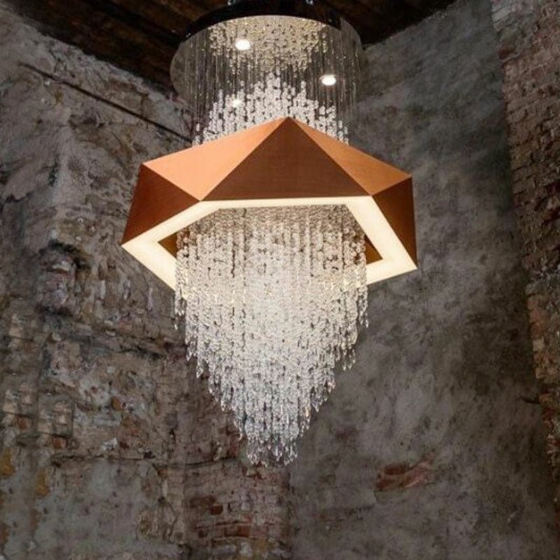 Duplex Living Room Crystal Pendant Chandelier Luxury Hotel Entryway Ceiling Light Fixture In Gold Finish - lampmodern