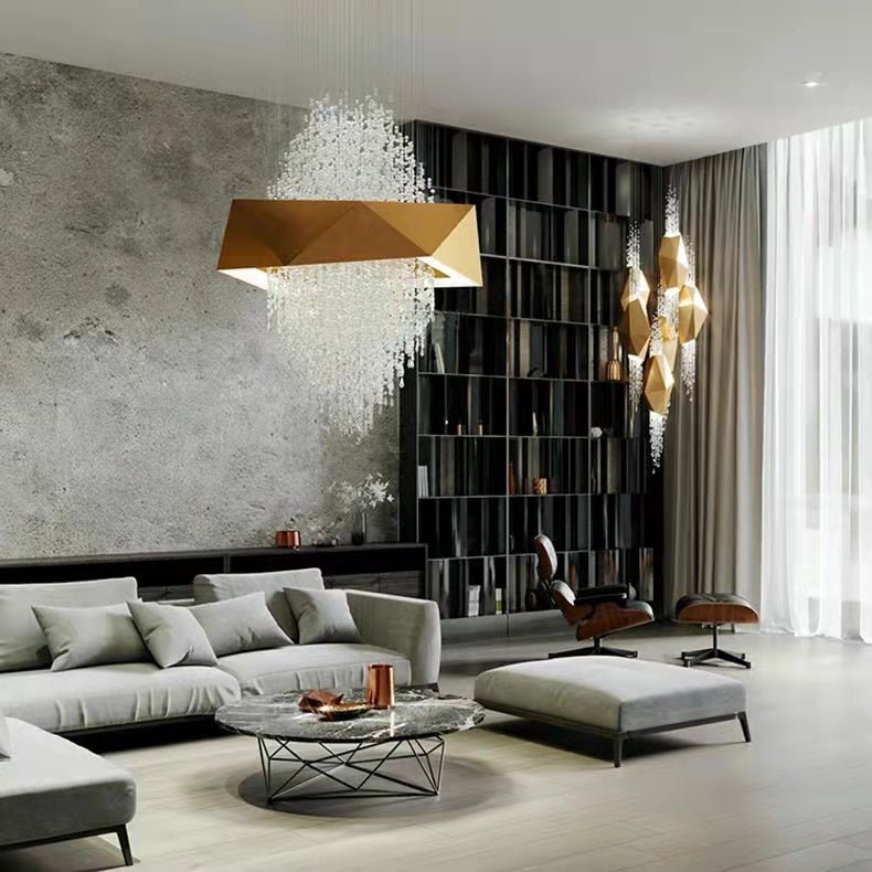 Duplex Living Room Crystal Pendant Chandelier Luxury Hotel Entryway Ceiling Light Fixture In Gold Finish - lampmodern