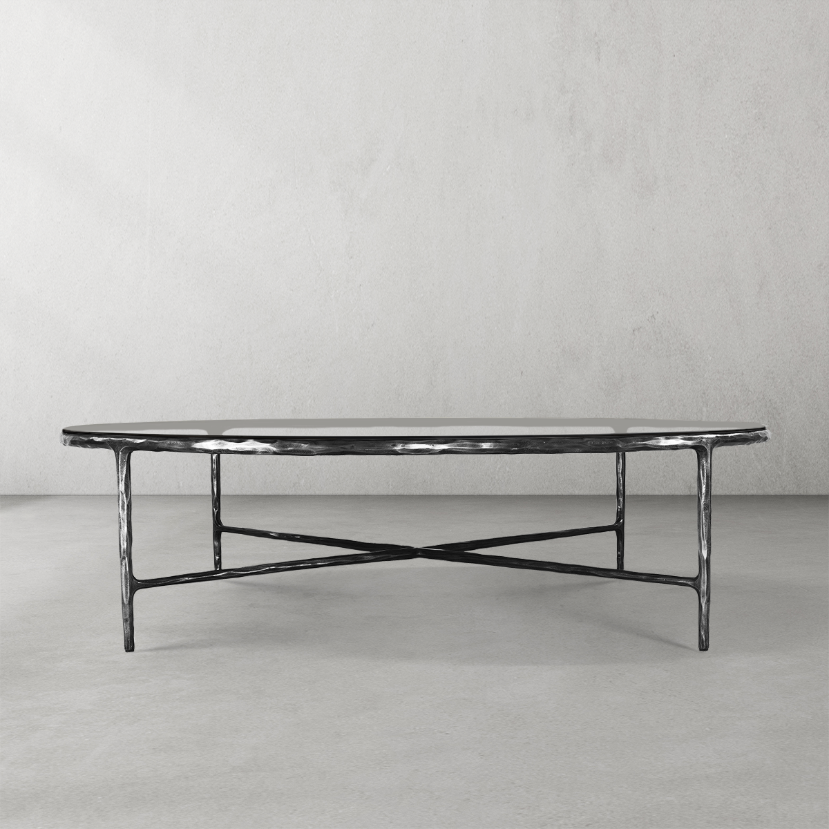 Thaddeus Forged Iron Glass Round Coffee Table 36" 55" - Lamp Modern