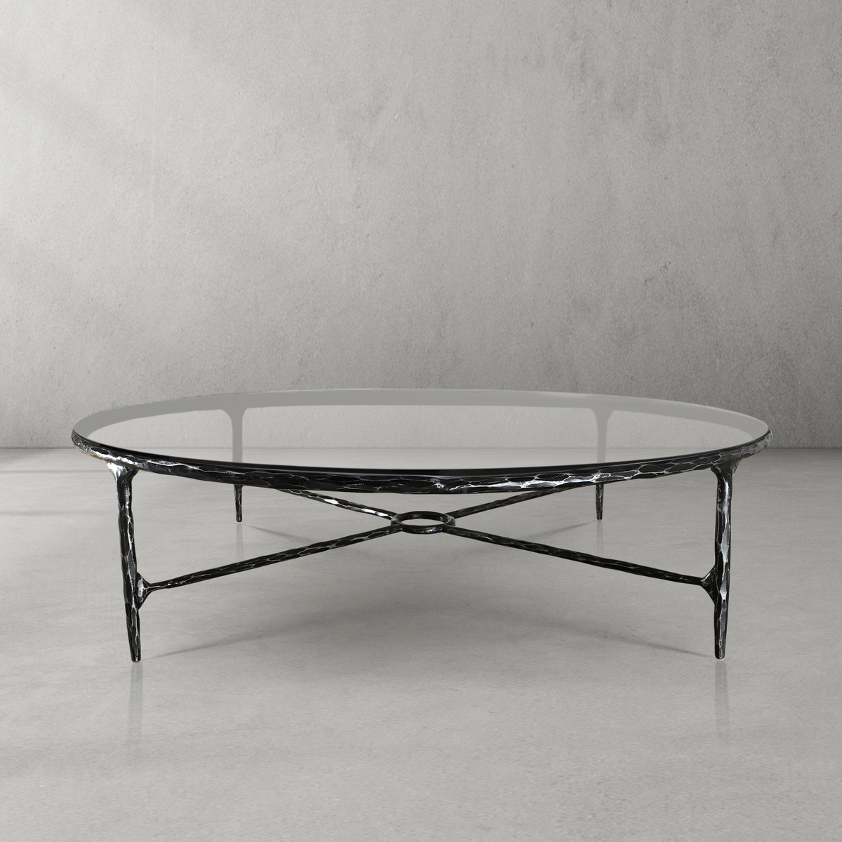 Thaddeus Forged Iron Glass Round Coffee Table 36" 55" - Lamp Modern