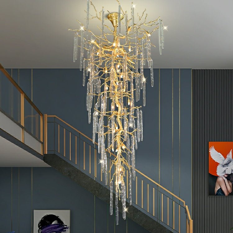 Extra Large Brass Tree Branch LED Chandelier Crystal Bar Drops Ceiling Light Fixture For Foyer Living Room Hall - lampmodern