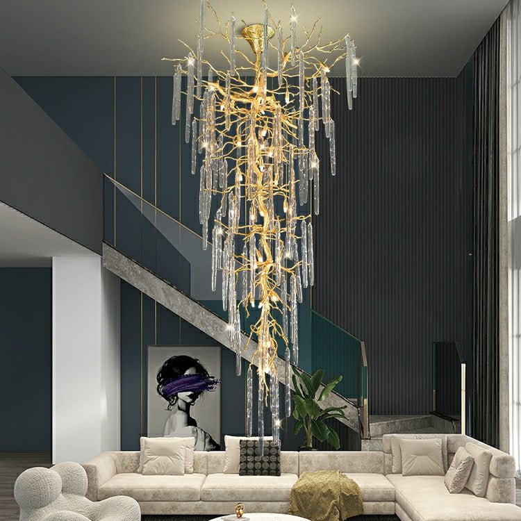 Extra Large Brass Tree Branch LED Chandelier Crystal Bar Drops Ceiling Light Fixture For Foyer Living Room Hall - lampmodern