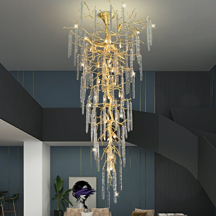 Extra Large Brass Tree Branch LED Chandelier Crystal Bar Drops Ceiling Light Fixture For Foyer Living Room Hall - lampmodern