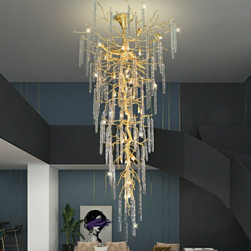 Extra Large Brass Tree Branch LED Chandelier Crystal Bar Drops Ceiling Light Fixture For Foyer Living Room Hall - lampmodern