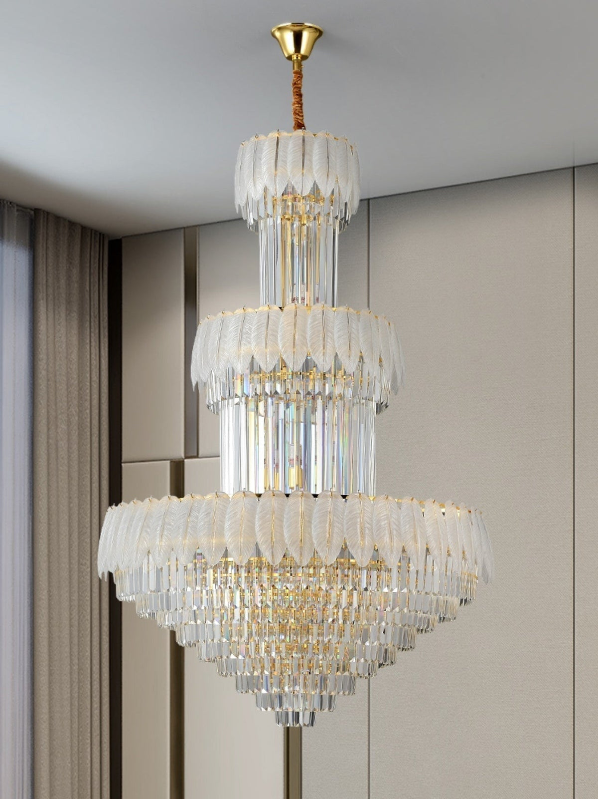 Extra Large Crystal Feather Style Chandelier Long Foyer Staircase Ceiling Lighting Fixture For Living Room - lampmodern