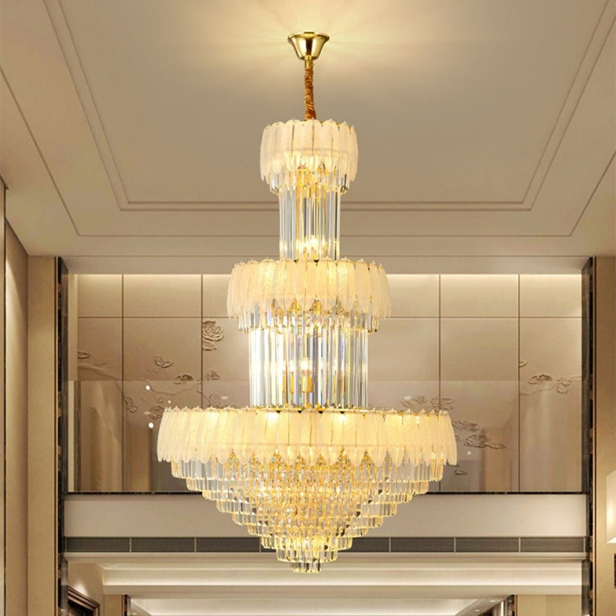 Extra Large Crystal Feather Style Chandelier Long Foyer Staircase Ceiling Lighting Fixture For Living Room - lampmodern